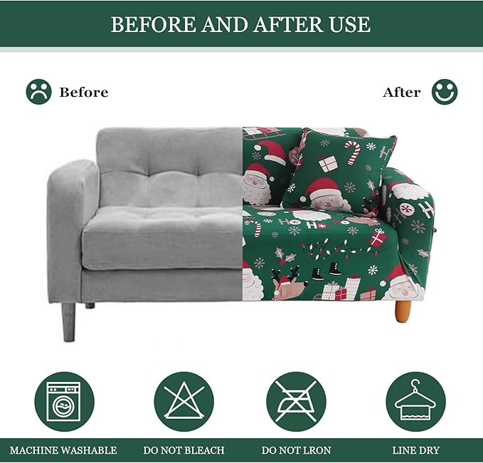 Mybedsoul Christmas Sofa Cover Santa Claus Printed Sofa Couch Cover Washable Furniture Protector with Elastic Bottom Xmas Home Room Festival Decoration(2 Seater/Loveseat) Mybedsoul