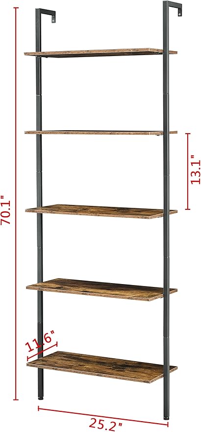 Tajsoon Large Bookcase, Industrial Ladder Shelf, 5 Tier Wood Wall Mounted with Metal Frame, Open Display Storage Shelves for Home, Office, Collection, Plant Flower, Rustic Brown & Black, 25.2''W - LeafyLoom