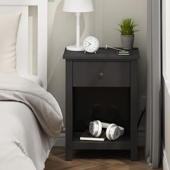 ChooChoo Nightstand with Charging Station, Wooden Top Bedside Table with Drawer and Storage Space for Bedroom, Black - LeafyLoom