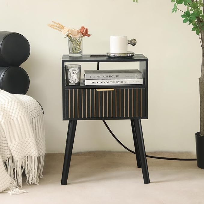 Black Nightstand with Charging Station, Mid Century Modern Bedside Table with Open Shelf and Storage Drawer, End Table with Solid Wood Legs, Black - LeafyLoom