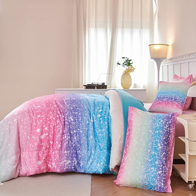 PERFEMET Girls Comforter Set with Sheets 6 Pieces Full Size Bedding Set Blue Pink Green Ombre Bed in A Bag Rainbow Tie Dye Kids Bed Sets Grandient Glitter Full Comforter Sets - LeafyLoom