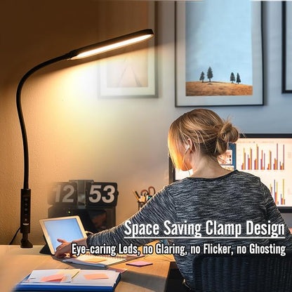 Clamp on Lamp, LED Clamp Desk Lamp, 3000 LMS, 18W, CRI>95, 3 Color Modes, 16 Brightness Levels, Eye-Caring Task Lamp with Remote for Reading, Office, 0.5H/1H Timer (Adapter Included) - LeafyLoom