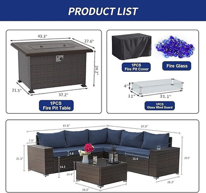 Kullavik 7 Pieces Outdoor Patio Furniture Set with 43" 55000BTU Gas Propane Fire Pit Table PE Wicker Rattan Sectional Sofa Patio Conversation Sets,Navy Blue - LeafyLoom