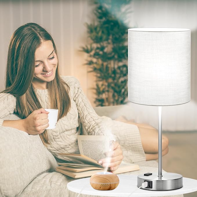 𝟮𝟬𝟮𝟯 𝗡𝗘𝗪 Set of 2 Touch Grey Table Lamps with 2 USB Ports & AC Outlet, 3-Way Dimmable Bedside Nightstand Lamps for Bedroom Living Room Nursery, 800 Lumens 5000K Daylight Bulbs Included - LeafyLoom