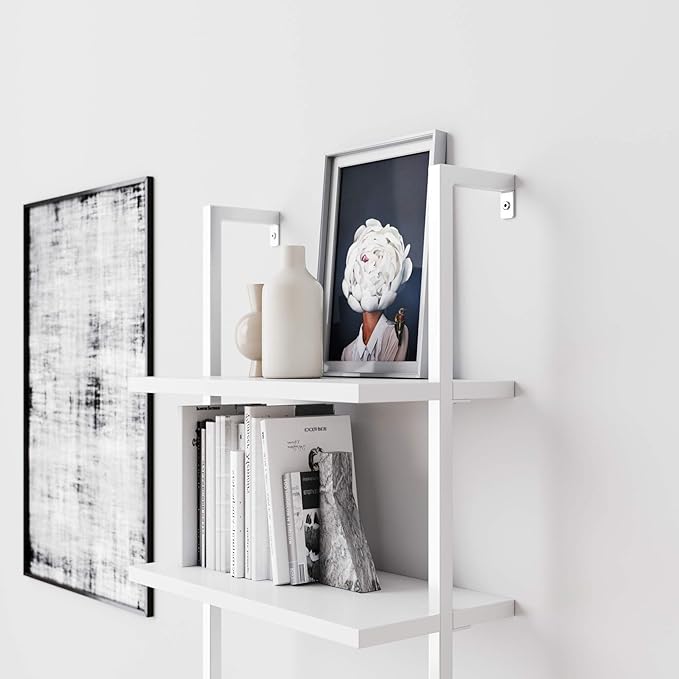 Nathan James 65506 Theo 5-Shelf White Modern Bookcase, Open Wall Mount Ladder Bookshelf with Industrial White Metal Frame, White - LeafyLoom