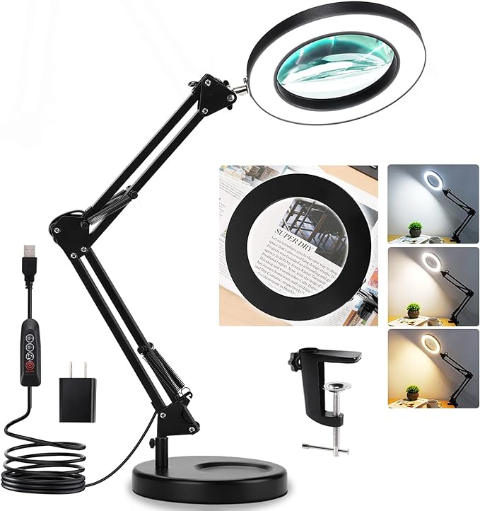 Magnifying Glass with Light and Stand, Veemagni 8X Real Glass 2-in-1 Desk Lamp & Clamp, 3 Color Modes Stepless Dimmable, LED Lighted Magnifier with Light for Hobby Reading Crafts Repair Close Works - LeafyLoom