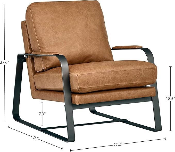 Amazon Brand – Rivet Summit Mid-Century Modern Leather Accent Chair with Steel Arms, Cognac Brown, 35"D x 27.2"W x 27.6"H - LeafyLoom