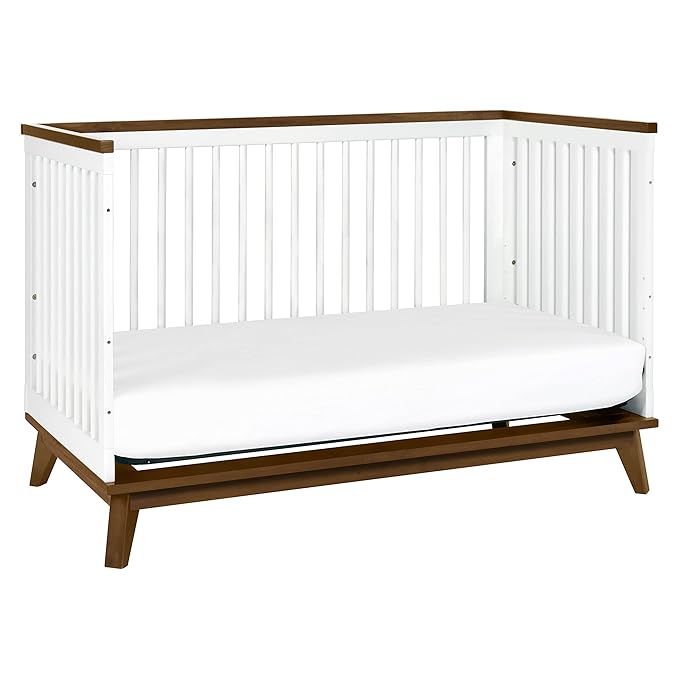 Babyletto Scoot 3-in-1 Convertible Crib with Toddler Bed Conversion Kit in White and Natural Walnut, Greenguard Gold Certified - LeafyLoom