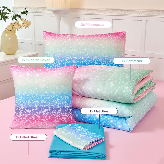 PERFEMET Girls Comforter Set with Sheets 6 Pieces Full Size Bedding Set Blue Pink Green Ombre Bed in A Bag Rainbow Tie Dye Kids Bed Sets Grandient Glitter Full Comforter Sets - LeafyLoom