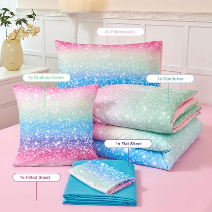 PERFEMET Rainbow Queen Comforter Set with Sheets, 6 Pieces Blue Green Bedding Sets for Girls, Tie Dye Ombre Bed Set for Bedroom Decoration, Lightweight All Season Bed in A Bag - LeafyLoom