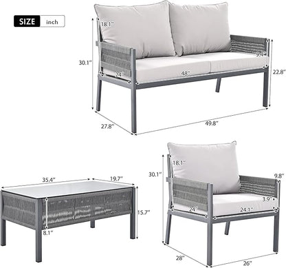 4 Piece Patio Furniture Set, Outdoor FSC Certified Acacia Wood Conversation Set, All-Weather Rope Sofa Set w/Tempered Glass Table, Loveseat for Lawn Balcony Poolside, Backyard, Backyard - LeafyLoom