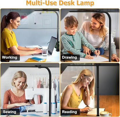 Led Desk Lamp for Home Office, Hand Sweep Sensitive Desk Light, 24w Ultra Bright Double Head Desk Lamp with Clamp & Flexible Gooseneck, Dimmable Eye Protection Reading Light for Workbench, Drawing - LeafyLoom