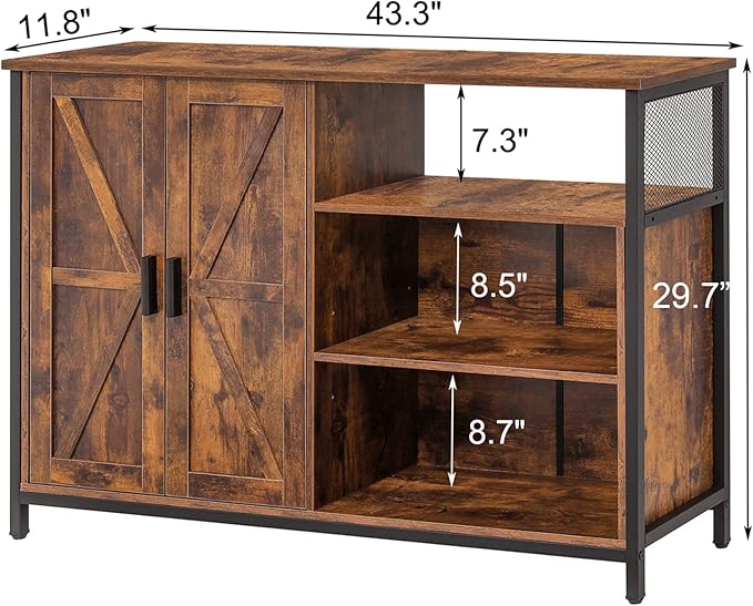 WEENFON Floor Storage Cabinet, Buffet Storage Cabinet with 2 Barn Doors, Industrial Sideboard with Adjustable Shelves, Buffet Table for Dining Room, Living Room, Kitchen, Rustic Brown - LeafyLoom