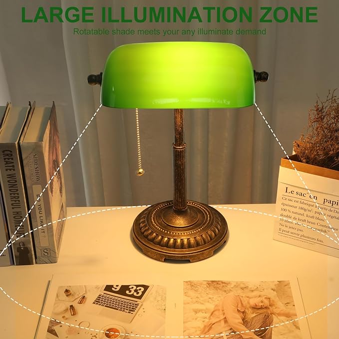 Bankers Lamp, Green Desk Lamp with Pull Switch, Vintage Table Lamps for Home Office, Library, Piano LED Bulb Included (Green) - LeafyLoom