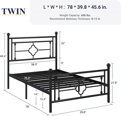 Allewie Twin Size Metal Platform Bed Frame with Victorian Vintage Headboard and Footboard/Mattress Foundation/Under Bed Storage/No Box Spring Needed/Noise-Free/Easy Assembly, Black - LeafyLoom