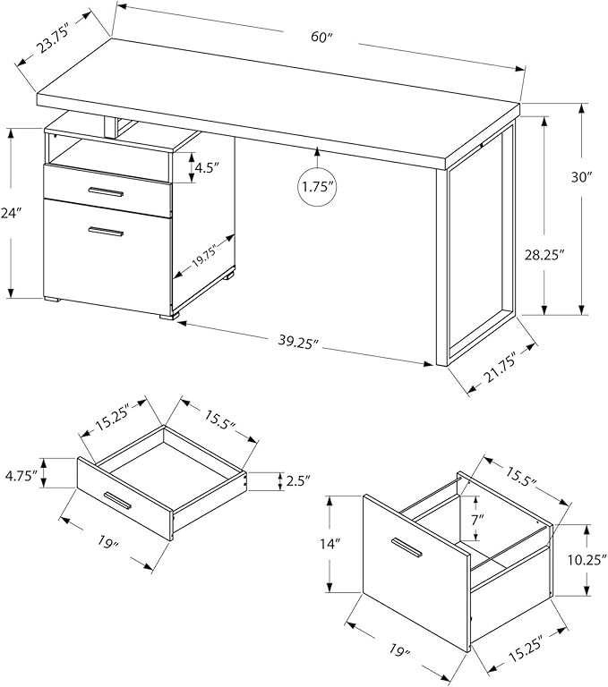 Monarch Specialties Computer Writing Desk for Home & Office Laptop Table with Drawers Open Shelf and File Cabinet-Left or Right Set Up, 60" L, White - LeafyLoom