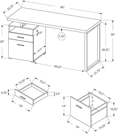 Monarch Specialties Computer Writing Desk for Home & Office Laptop Table with Drawers Open Shelf and File Cabinet-Left or Right Set Up, 60" L, White - LeafyLoom