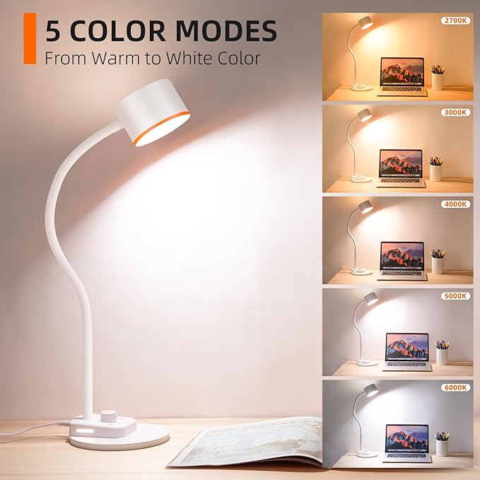 LED Desk Lamp, 1200LM for Home Office, Fully Dimmable Bedside Reading Lamp with USB C + A Charging Ports, 5 Colors, 12W Gooseneck Lamp, Metal Small Table Lamps for Bedroom Living Room White - LeafyLoom