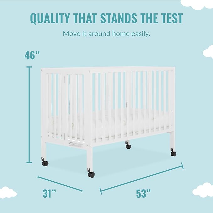 Quinn Full-Size Folding Crib In White, Removeable Wheels, Modern Nursey, Adjustable Mattress Support, Portable Crib, Patented Folding System - LeafyLoom