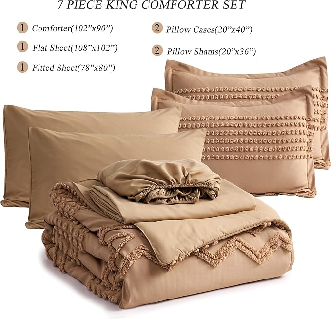 KAKIJUMN Khaki Tufted Comforter Set King Size 7 Piece Bed in a Bag, Shabby Chic Boho Comforter and Sheet Set, Pom Pom Textured Bed Set, All Season Soft Microfiber Complete Bedding Set(Khaki,King) - LeafyLoom