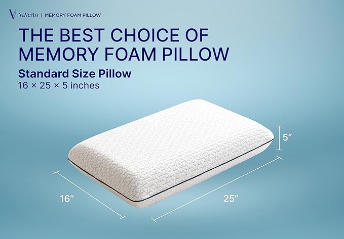 Gel Memory Foam Pillow -Standard Size - Ventilated, Premium Bed Pillows with Viscose Made from Bamboo Pillow Cover, Cooling, Contoured Support, Orthopedic Sleeping - LeafyLoom