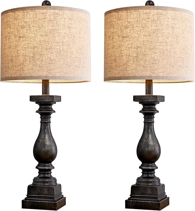 BOBOMOMO 27" Farmhouse Table Lamp Set of 2 with USB A+C for Bedroom Living Room Vintage Rustic Traditional Nightstand Bedside Lamps Retro Side Table Lamps (Black) - LeafyLoom