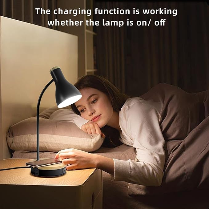 Metal Desk Lamp Wireless Charging Table Lamp Touch Reading Lights Arc Desk Lamps for Bedroom, 3 Way Dimmable Bedside Lamp with USB Charging Ports, Reading Lamp for Study Room and Office (Black-02) - LeafyLoom