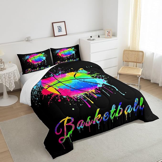 Feelyou Kids Basketball Comforter Set King Size Gaming Sports Bedding Set for Boys Girls Teens Bedroom Decor Ball Games Tie Dye Comforter Gift for Basketball Lover Duvet Set with 2 Pillow Case - LeafyLoom