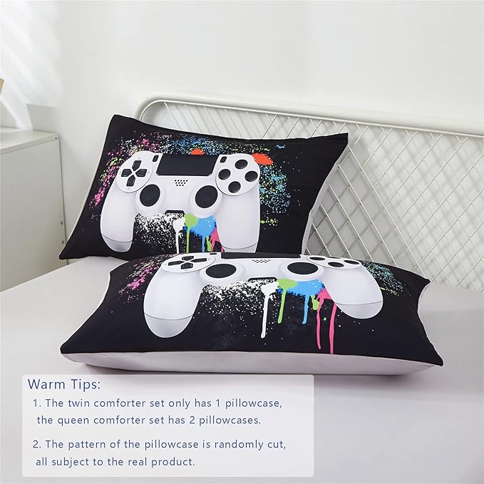 KAKKI 5 Piece Boys Queen Gamer Comforter Set with Sheets, 3D Colorful Video Game Controller Comforter for Kids Teen, All Season Soft Microfiber Gaming Bedding Set(White,Queen) - LeafyLoom