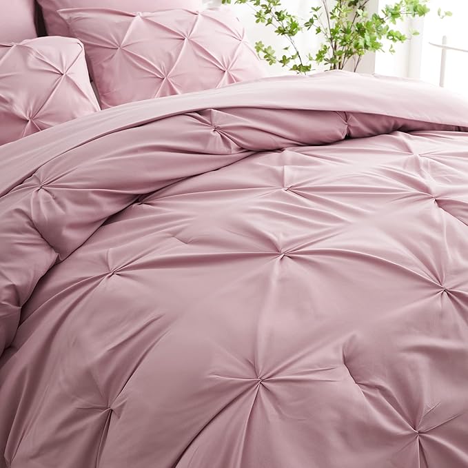 Ubauba 5pc Twin Comforter Set for Girls with Sheets, Blush Pintuck 5 Piece Bed in a Bag Set, Soft Pinched Pleat All Season Twin Size Bedding Sets (Pink,Twin) - LeafyLoom