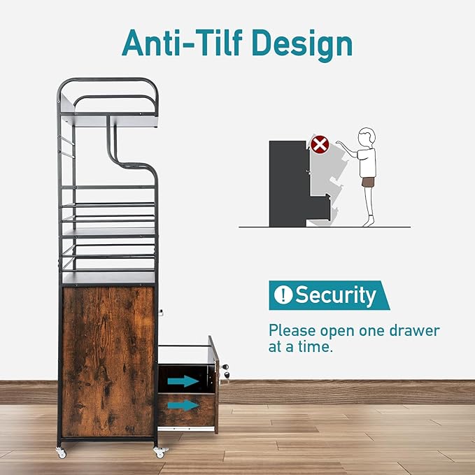 Vertical File Cabinet, 2 Drawer Mobile Filing Cabinet with 3 Bookshelf, Printer Stand with Open Storage Shelves Fits A4/Letter/Legal Size File Cabinets for Home Office Organizer, Brown - LeafyLoom