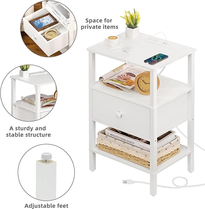 Lerliuo Nightstand Set of 2 with Charging Station and USB Ports, 3-Tier Storage End Table with Drawer Shelf, Night Stand for Small Spaces, Wood Bedside Table for Living Room, Bedroom - Elegant White - LeafyLoom