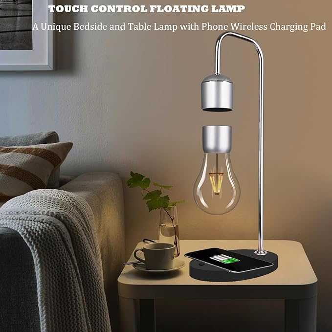 Magnetic Levitating Lamp with Wireless Phone Charger for iPhone Pro Max Floating Light Bulb LED Night Light Table Lamp Levitation Desk Lamp for Christmas Gift Bedroom Office Decoration - LeafyLoom