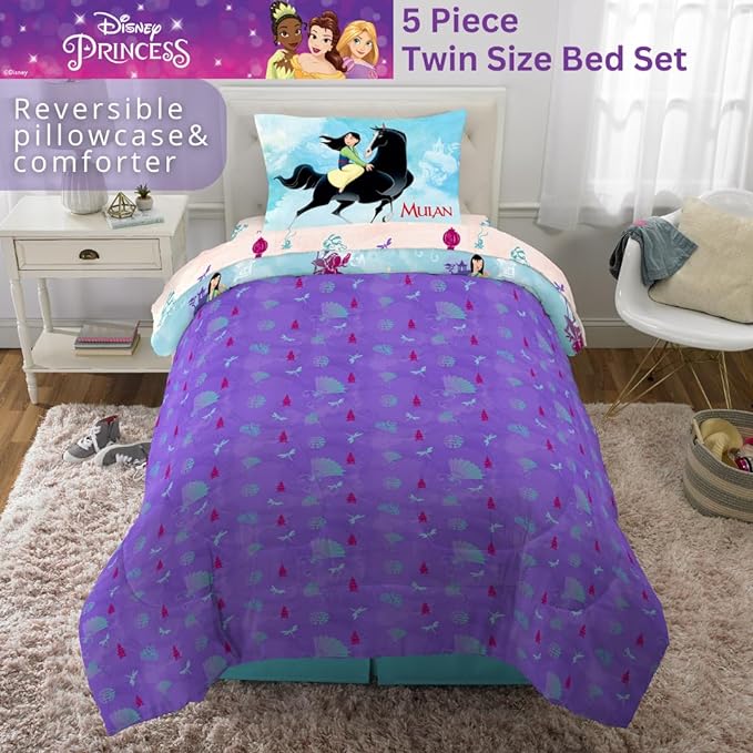 Franco Disney Princess Mulan Kids Bedding Super Soft Microfiber Comforter and Sheet Set, 4 Piece Twin Size, (Official Licensed Product) - LeafyLoom