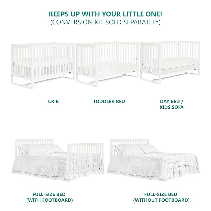 Arlo 5-in-1 Convertible Crib in White, JPMA Certified, 3 Mattress Height Settings, Non-Toxic Finish, Made of Sustainable and Sturdy Pinewood - LeafyLoom