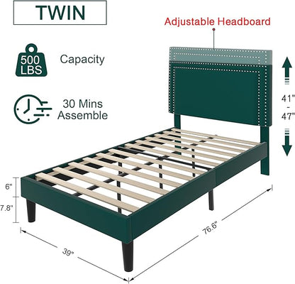 VECELO Twin Size Platform Bed Frame with Height Adjustable Upholstered Headboard, Modern Mattress Foundation,Strong Wood Slat Support, No Box Spring Needed, Easy Assembly - LeafyLoom