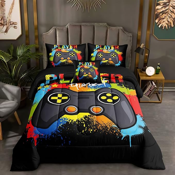 6 Pieces Gaming Bedding Set for Boys Gamer Comforter Set Full Size,Game Controller Comforter for Boys Kids 6 Pieces Bed in A Bag 3D Gamepad Microfiber Bedding Sets,DJT H5019 Full - LeafyLoom