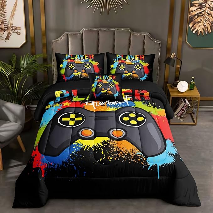 5 Pieces Gaming Bedding Set for Boys Gamer Comforter Set Twin Size,Game Controller Comforter for Boys Kids 5 Pieces Bed in A Bag 3D Gamepad Microfiber Bedding Sets,DJT H5019 Twin - LeafyLoom