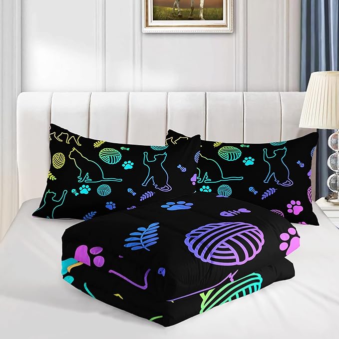 Black Cat Bedding Cartoon Cat Comforter Set Full,Neon Cat Paw Ball of Yarn Printed Kids Bedding for Cat Lover Boys Girls Adults Room Decor,Kids Comforter,1 Quilt 2 Pillow Cases,Neon Color Purple Blue - LeafyLoom