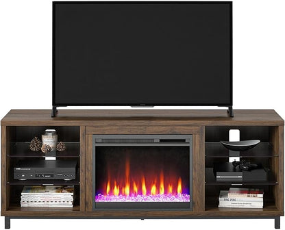 Ameriwood Home Lumina Fireplace TV Stand for TVs up to 70 Inch, Replaceable Electric Fireplace Insert Heater, Remote Control, Timer, Color Changing LED Lights, Crystal Ember Flames, Walnut - LeafyLoom