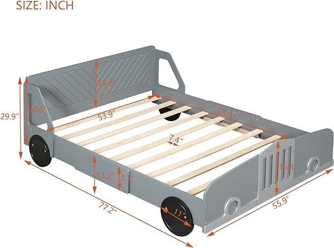 Full Size Car-Shaped Bed Frame for Kids,Wooden Platform Bed with Wheels and Side Rails for for Boys Girls,Wood Slat Supports,No Box Spring Needed,Gray - LeafyLoom