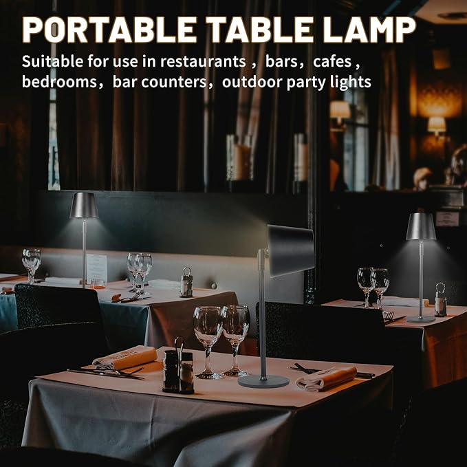 Cordless Table Lamp,Portable LED Desk Lamp, Battery Operated, 3 Color Stepless Dimming Up, for Restaurant/Bedroom/Bars/Outdoor Party/Camping/Coffee Shop Night Light。 (Black) - LeafyLoom