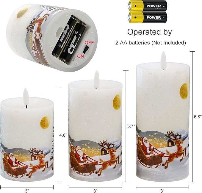 DRomance Christmas White LED Flameless Flickering Candles Battery Operated with 10-Key Remote and Timer Set of 3 Realistic 3D Wick Real Wax Holiday Flameless Pillar Candles, Santa Decal DRomance