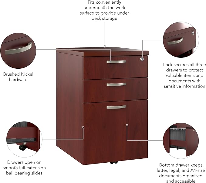 Bush Business Furniture Office in an Hour 3 Rolling File Cabinet | Mobile Under Desk Drawers for Letter, Legal, and A4-size Document Storage, Hansen Cherry - LeafyLoom