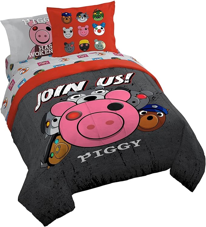 Jay Franco Piggy Join US 7 Piece Queen Size Bed Set - includes Comforter & Sheet Set - Super Soft Fade Resistant Polyester (Official Piggy Product) - LeafyLoom