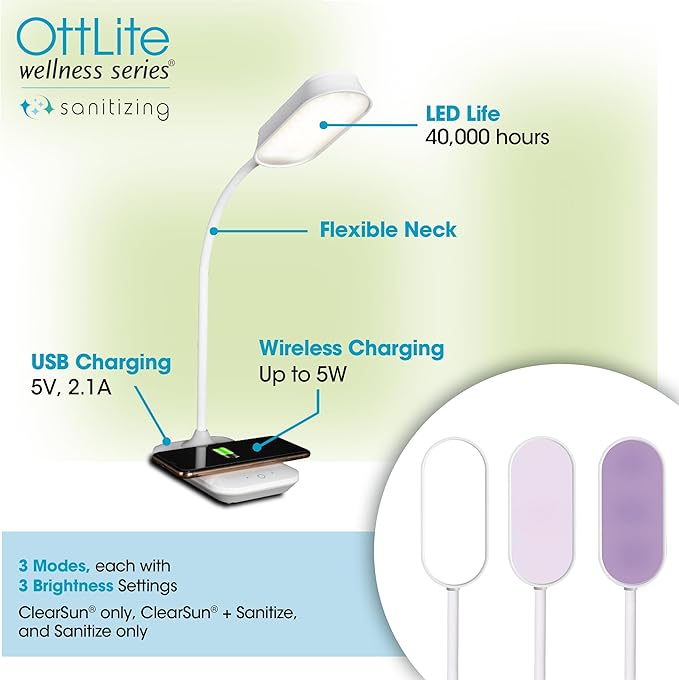 OttLite Achieve LED Sanitizing Desk Lamp Wireless Charging and USB Charging - Touch Activated, Flexible Neck, Modern Light for Reading, Crafting & Office Desktop - LeafyLoom