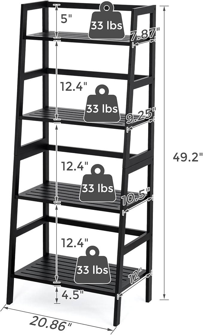 4-Tier Bamboo Bookshelf Ladder Shelf Book Shelf Bookcase Freestanding Storage Rack Plant Stand for Bedroom, Living Room, Bathroom, Small Space, Color Black - LeafyLoom