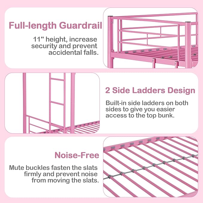 VECELO Twin Over Twin Bunk Bed with Trundle, Metal Bunkbeds with Ladder and Full-Length Guardrail, Noise Free, No Box Spring Needed, Pink - LeafyLoom