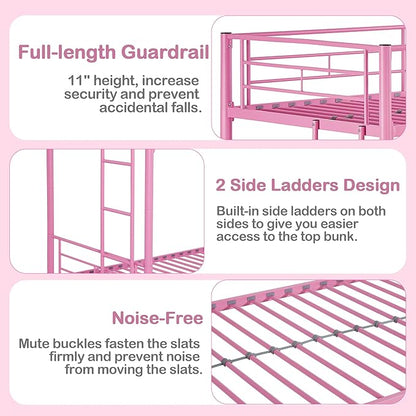 VECELO Metal Bunk Bed Twin Over Twin, Industrial Bunkbeds with Ladder and Full-Length Guardrail, Noise Free, No Boxing Spring Needed, Pink - LeafyLoom