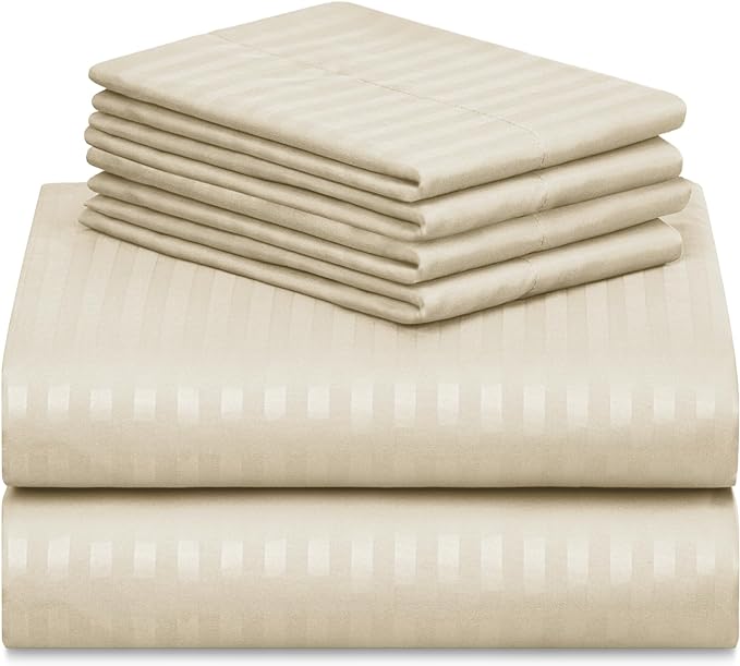 LuxClub 6 PC Full Size Sheet Set Bed Sheets, Breathable Luxury Bed Sheets, Deep Pockets 18" Wrinkle Free Cooling Bed Sheets Machine Washable Hotel Bedding (Full, Striped Cream) - LeafyLoom